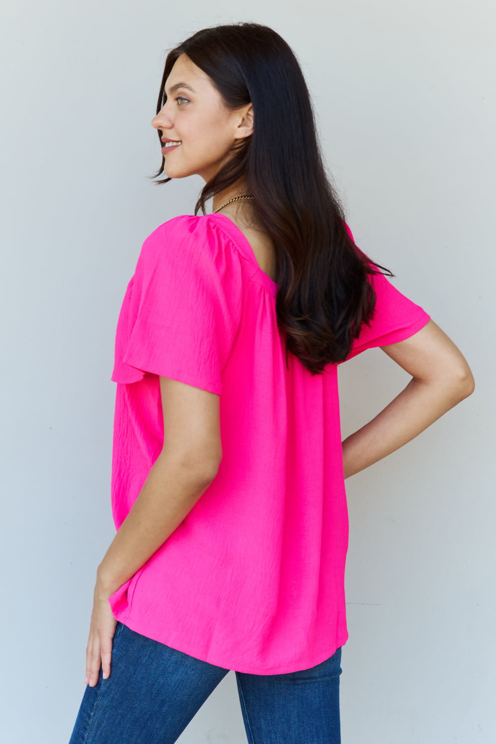 Ninexis Keep Me Close Square Neck Short Sleeve Blouse in Fuchsia-Evergreen Boutique