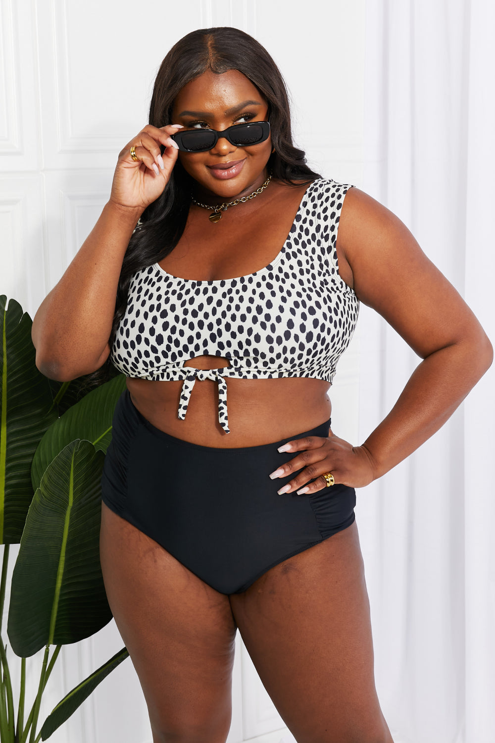 Marina West Swim Sanibel Crop Swim Top and Ruched Bottoms Set in Black-Evergreen Boutique