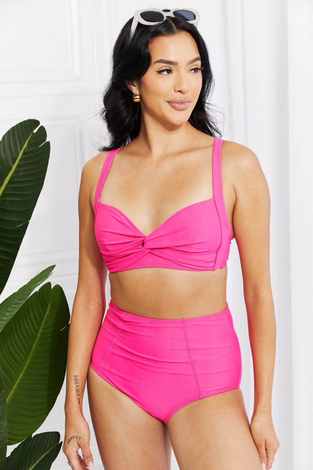 Marina West Swim Take A Dip Twist High-Rise Bikini in Pink-Evergreen Boutique